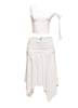 Chic off-shoulder asymmetrical top with tie detail paired with a high-slit skirt, perfect for a night out.