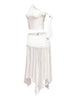 Fashionable off-shoulder asymmetrical top with tie detail, complemented by a high-slit skirt for a sophisticated ensemble.
