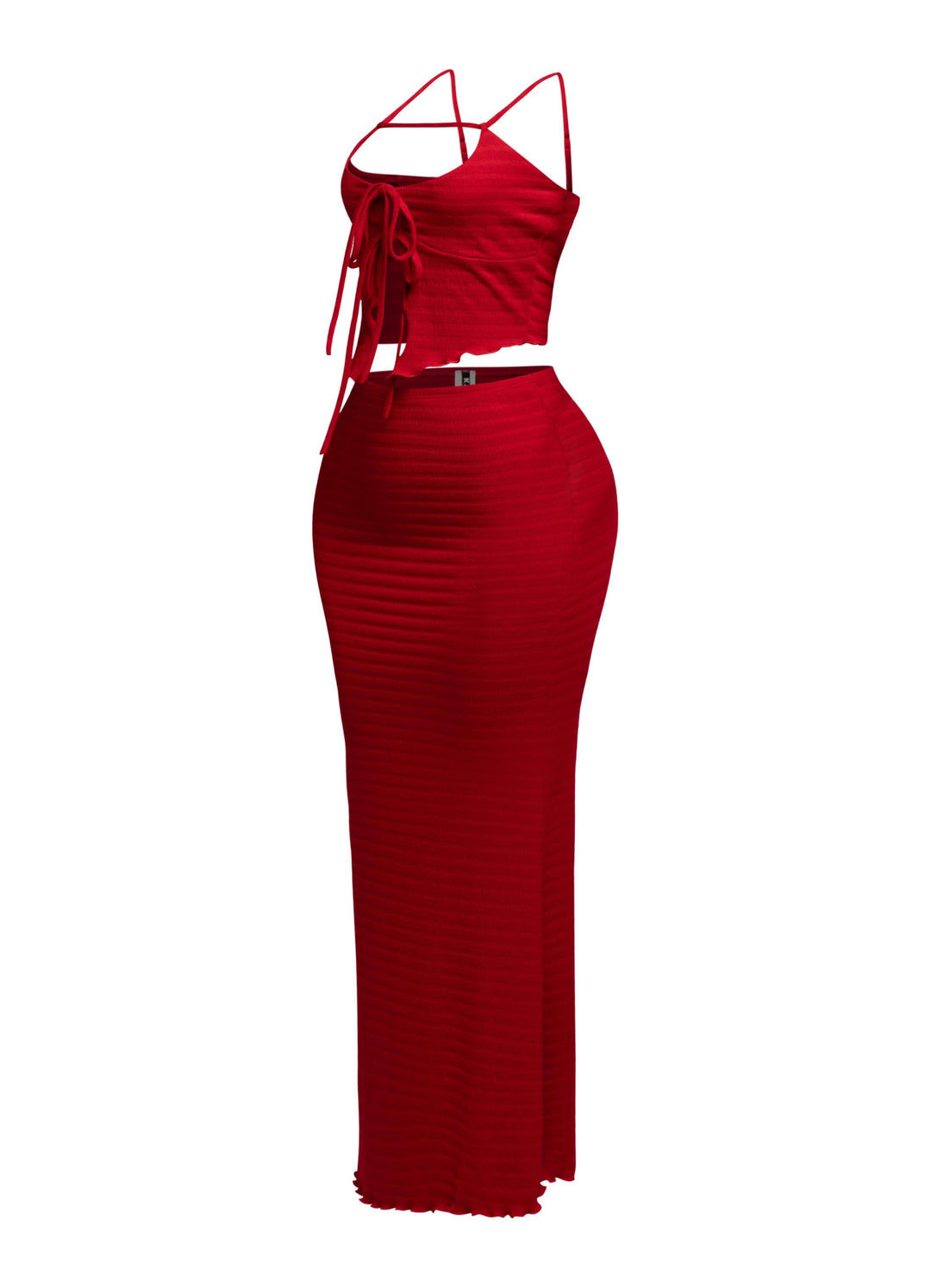 Bold red two-piece skirt set with flirty ruched top and sultry body-skimming silhouette

