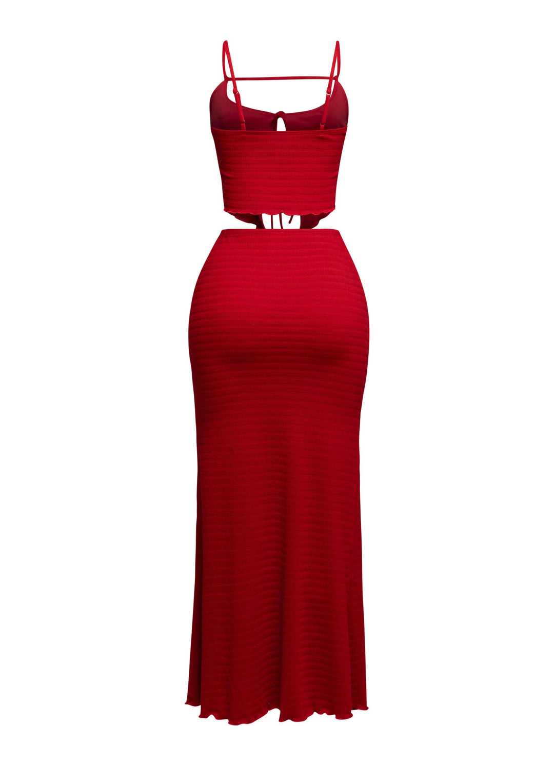 Summer-ready red set with smocked bralette and sleek high waist skirt

