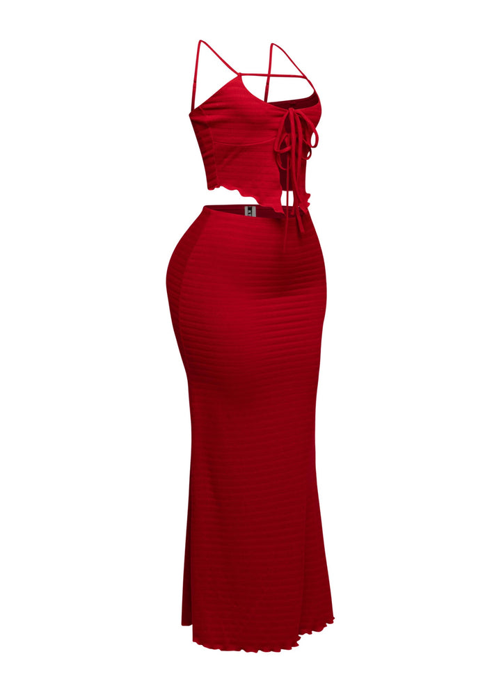 Statement red co-ord with front-tie smocked crop top and curve-hugging maxi skirt for summer nights

