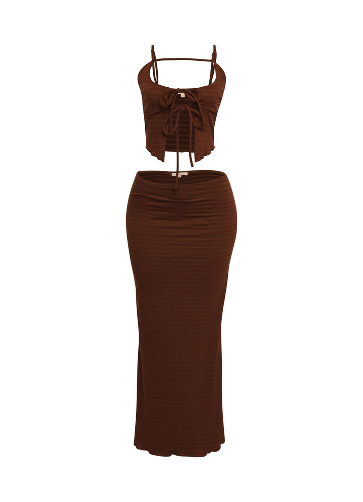 Mocha ribbed set with bust-accentuating crop and sleek maxi-length bottom

