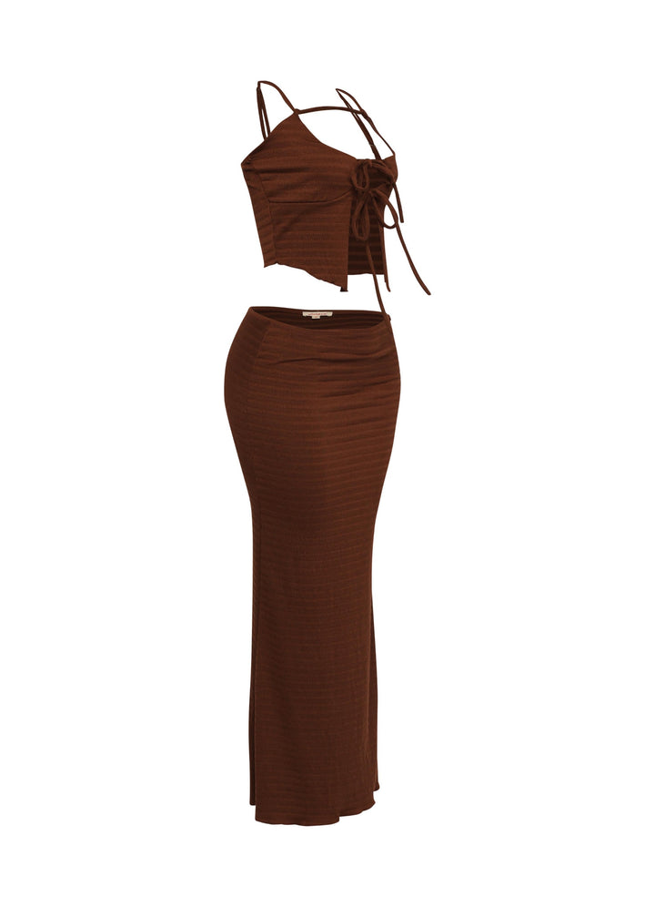 Y2K-inspired mocha set with lettuce hem maxi and lace-up ruched top

