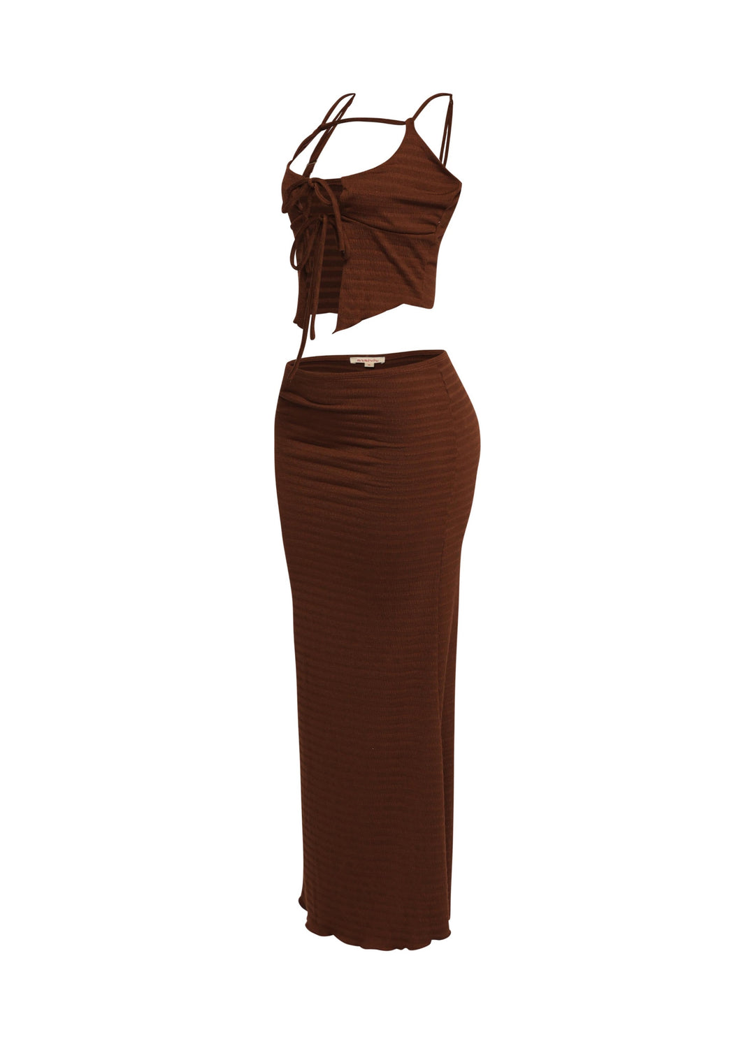 Soft brown smocked co-ord set with bodycon fit and adjustable tie front

