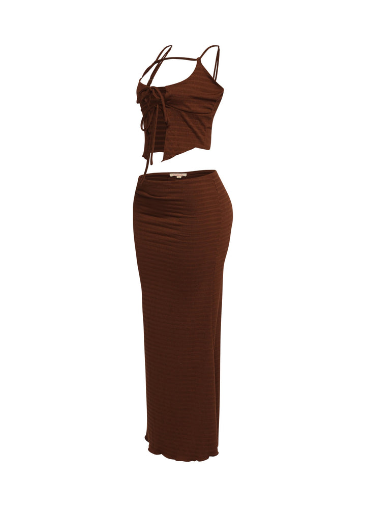 Soft brown smocked co-ord set with bodycon fit and adjustable tie front

