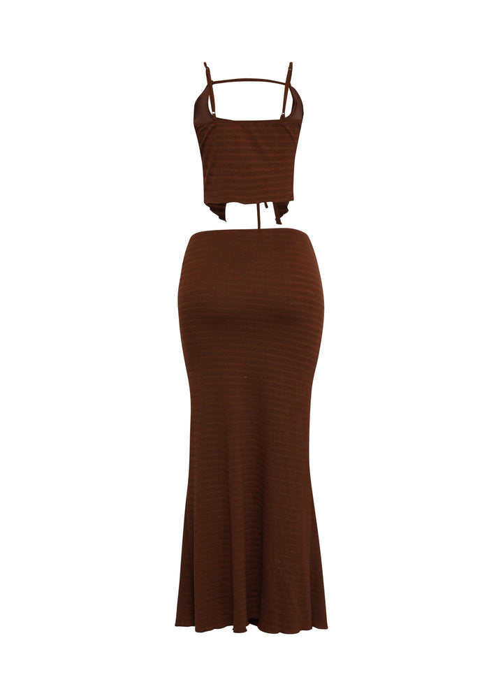 Mocha spaghetti strap crop set with textured stretch fabric and front keyhole

