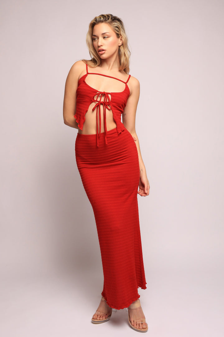 Red spaghetti strap set with flirty keyhole front top and curve-hugging skirt

