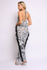 Black and white tie-dye halter top with open back and matching fringe midi skirt

