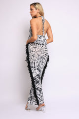 Black and white tie-dye halter top with open back and matching fringe midi skirt


