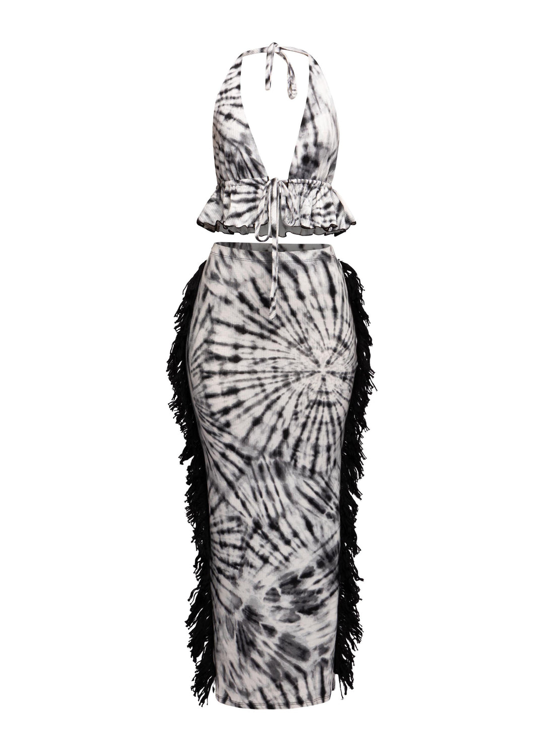 Black and white tie-dye halter top with open back and matching fringe midi skirt

