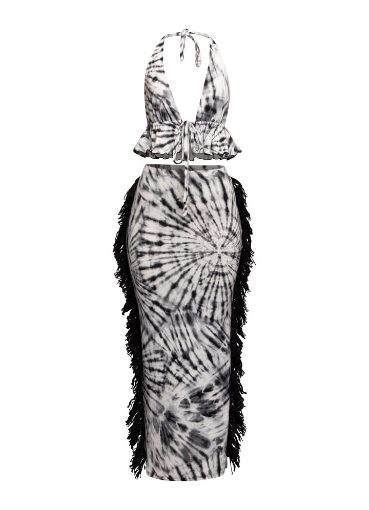 Black and white tie-dye halter top with open back and matching fringe midi skirt

