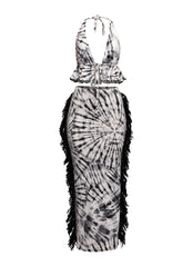 Black and white tie-dye halter top with open back and matching fringe midi skirt

