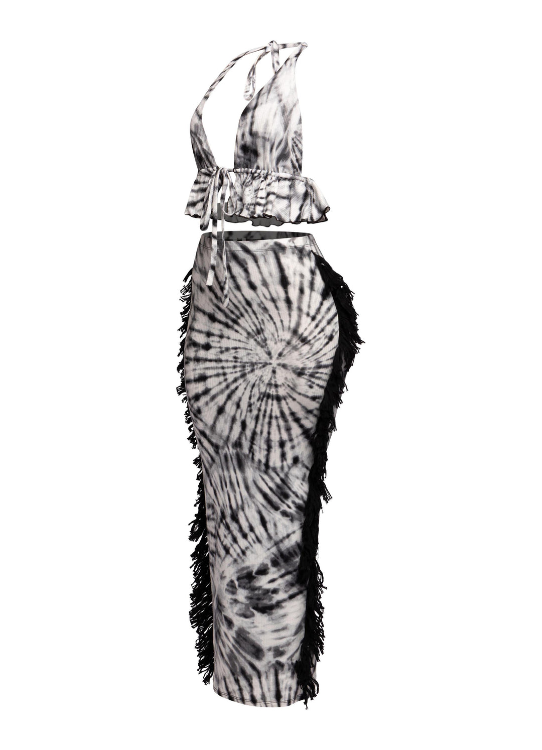 Tie-dye halter skirt set with open back and full-length side fringe detailing

