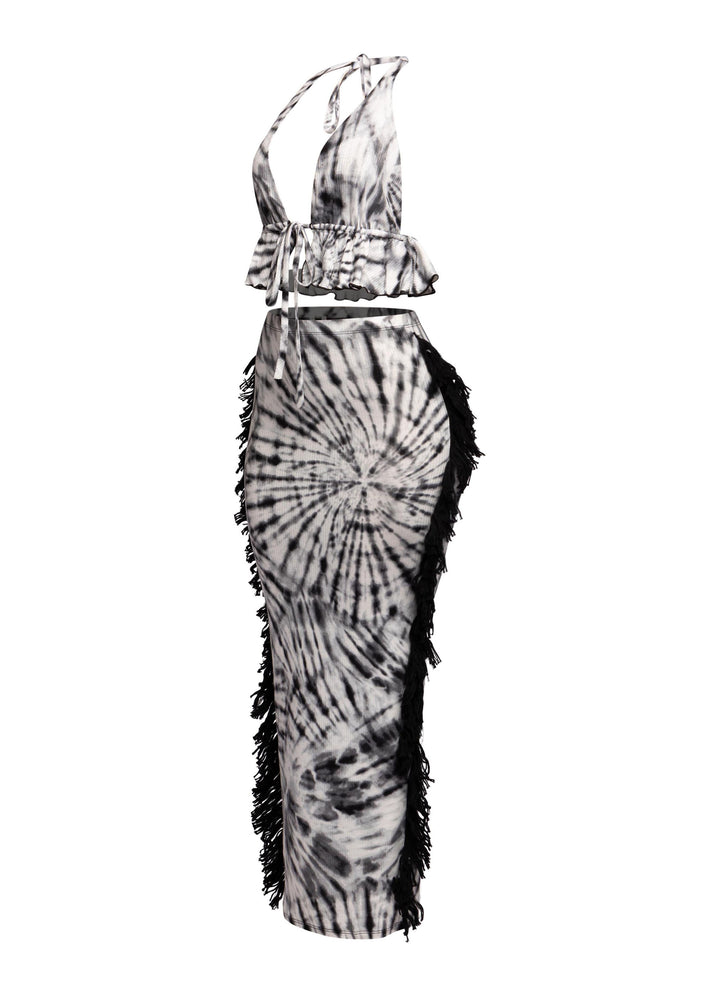 Tie-dye halter skirt set with open back and full-length side fringe detailing

