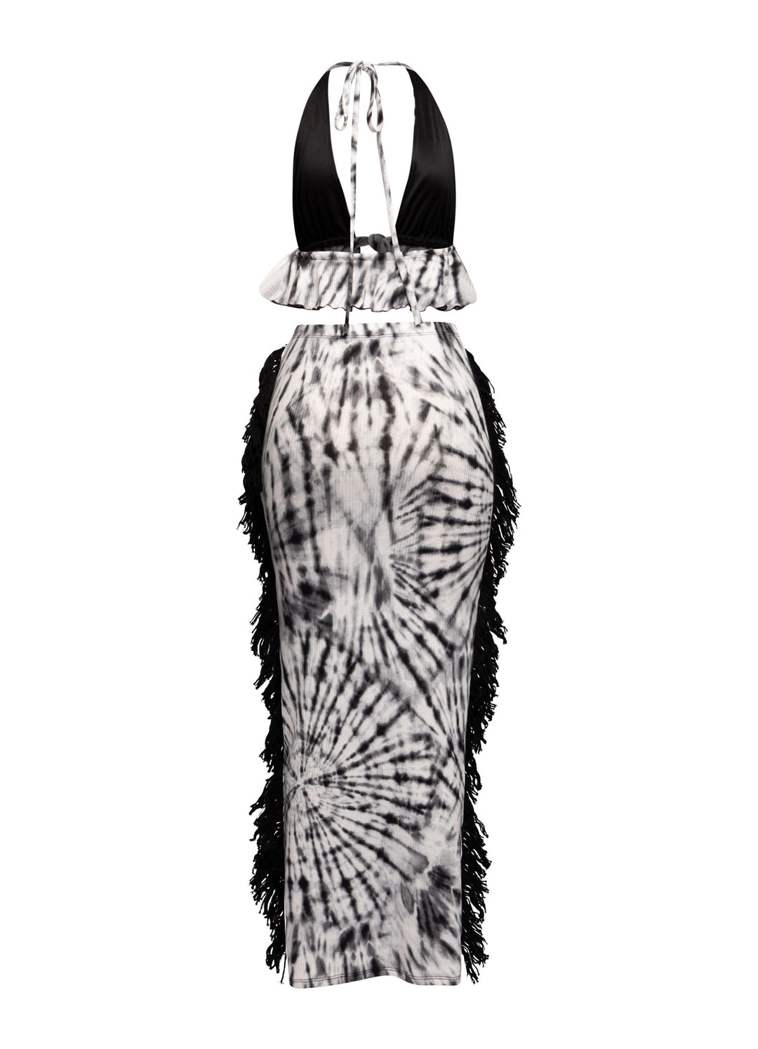 Statement co-ord in ribbed stretch fabric with swirl print and side fringe accents

