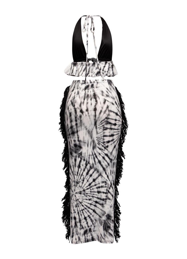 Statement co-ord in ribbed stretch fabric with swirl print and side fringe accents

