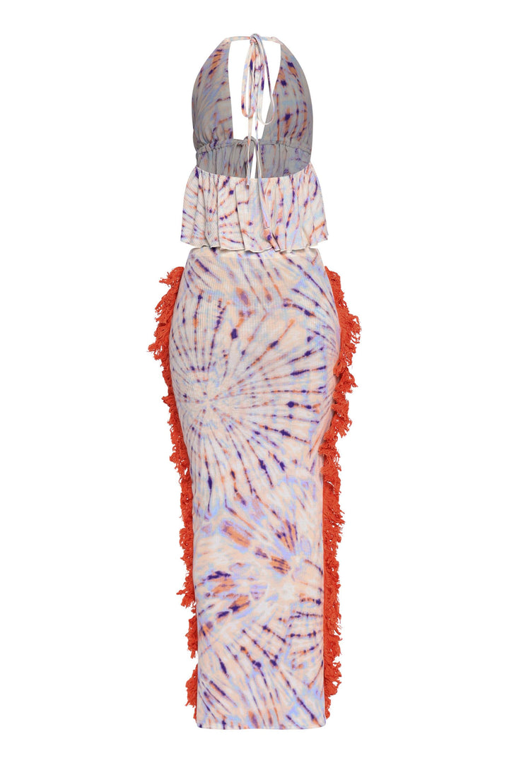Peach and lavender tie-dye skirt set with ruched bust and statement fringe trim

