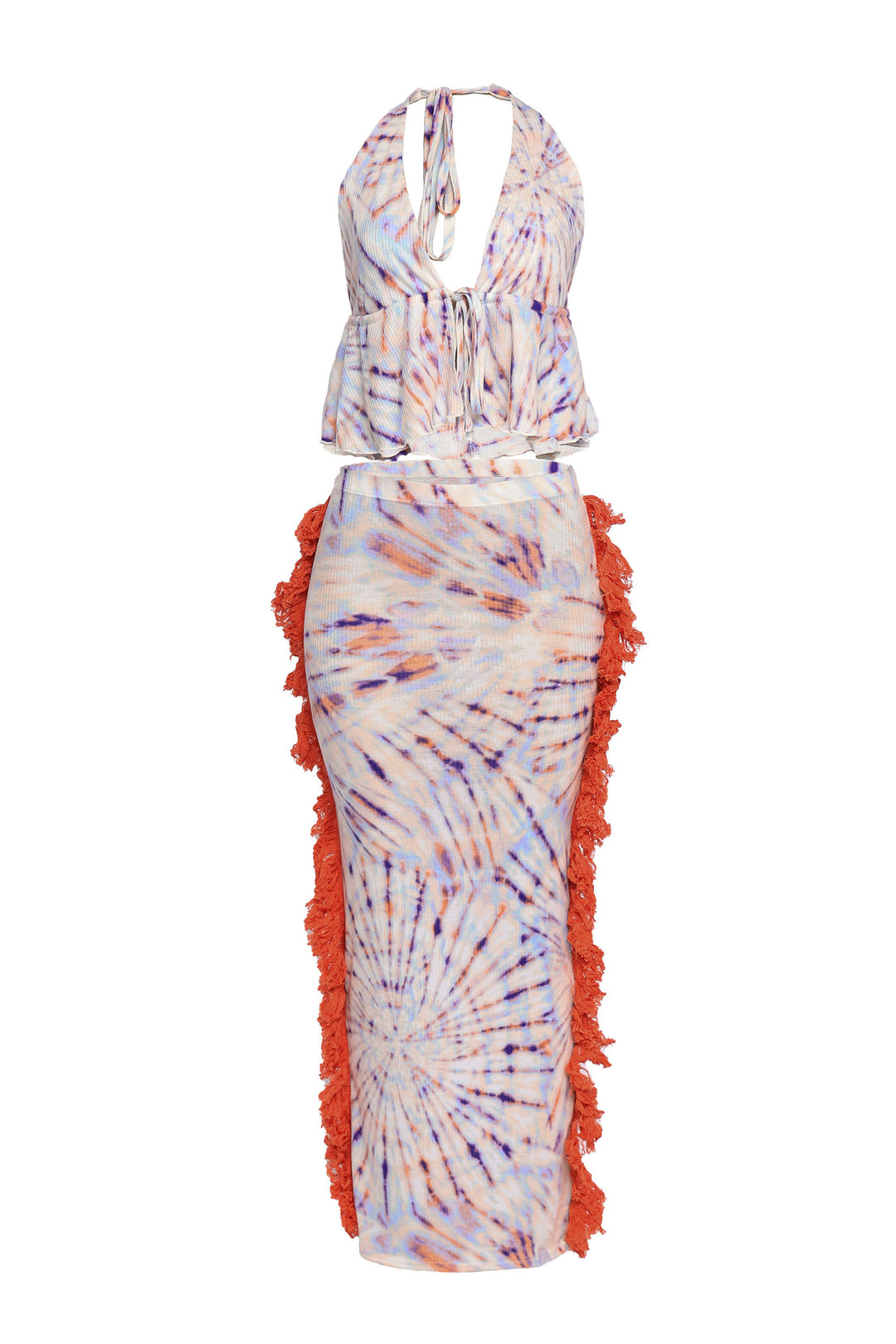Sunset swirl tie-dye co-ord with halter crop top and orange fringe midi skirt

