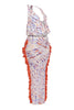 Colorful ribbed two-piece set with halter straps, ruched top, and asymmetrical fringe

