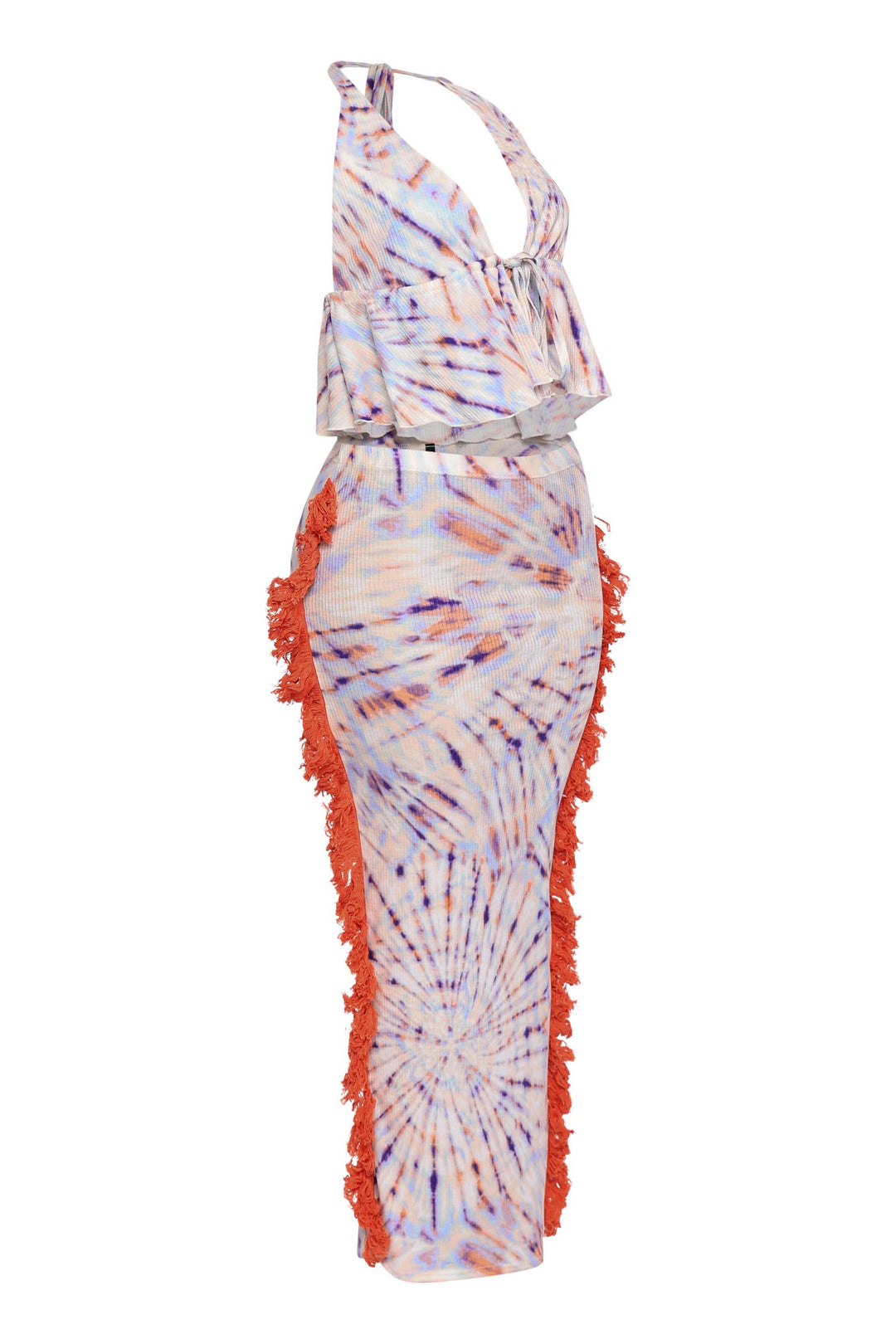 Colorful ribbed two-piece set with halter straps, ruched top, and asymmetrical fringe

