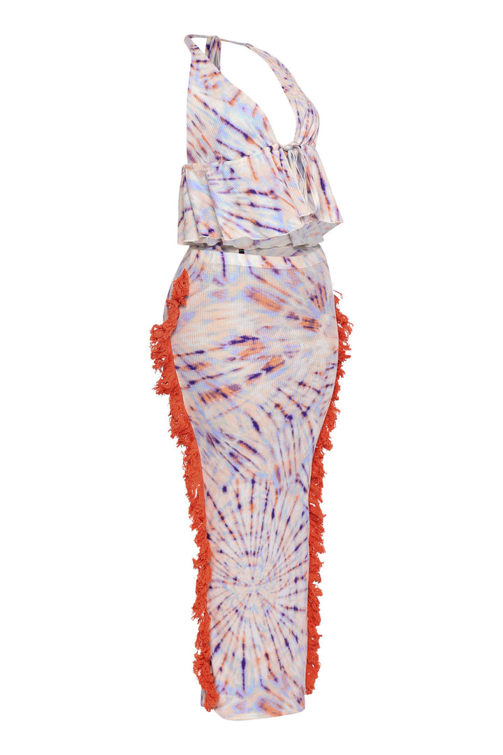 Colorful ribbed two-piece set with halter straps, ruched top, and asymmetrical fringe

