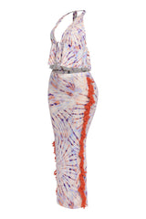 Festival-ready tie-dye co-ord with plunging neckline and bold orange side fringe

