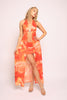 • Orange tie dye halter maxi top and mini skirt set front view with open front detail
