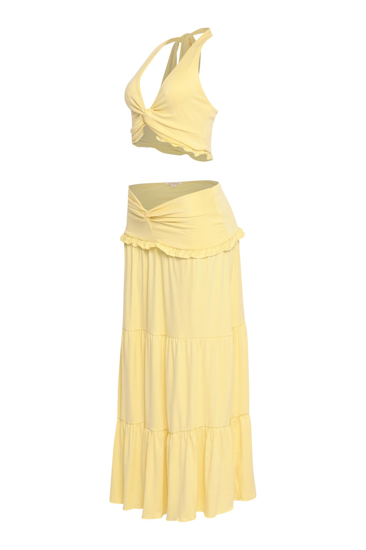 Light yellow twist halter set perfect for beach strolls and summer brunches

