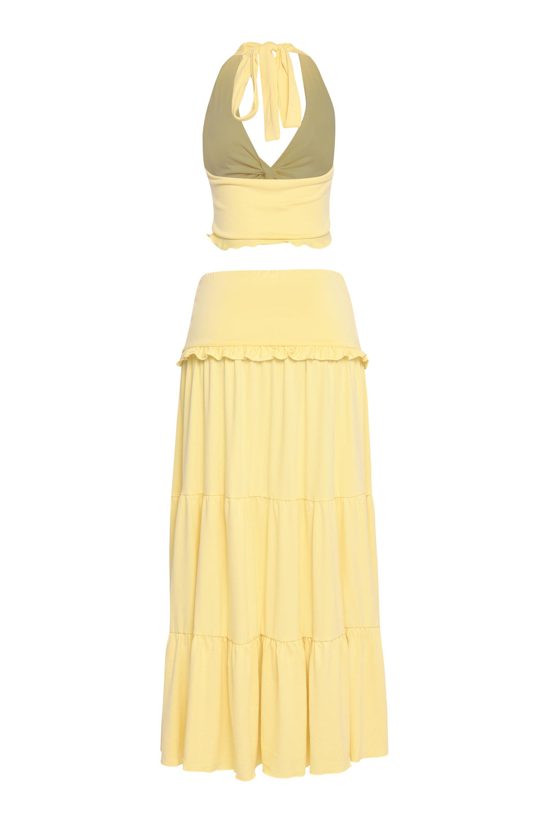 Sun-kissed yellow two-piece skirt set with merrow hem and plunging neckline

