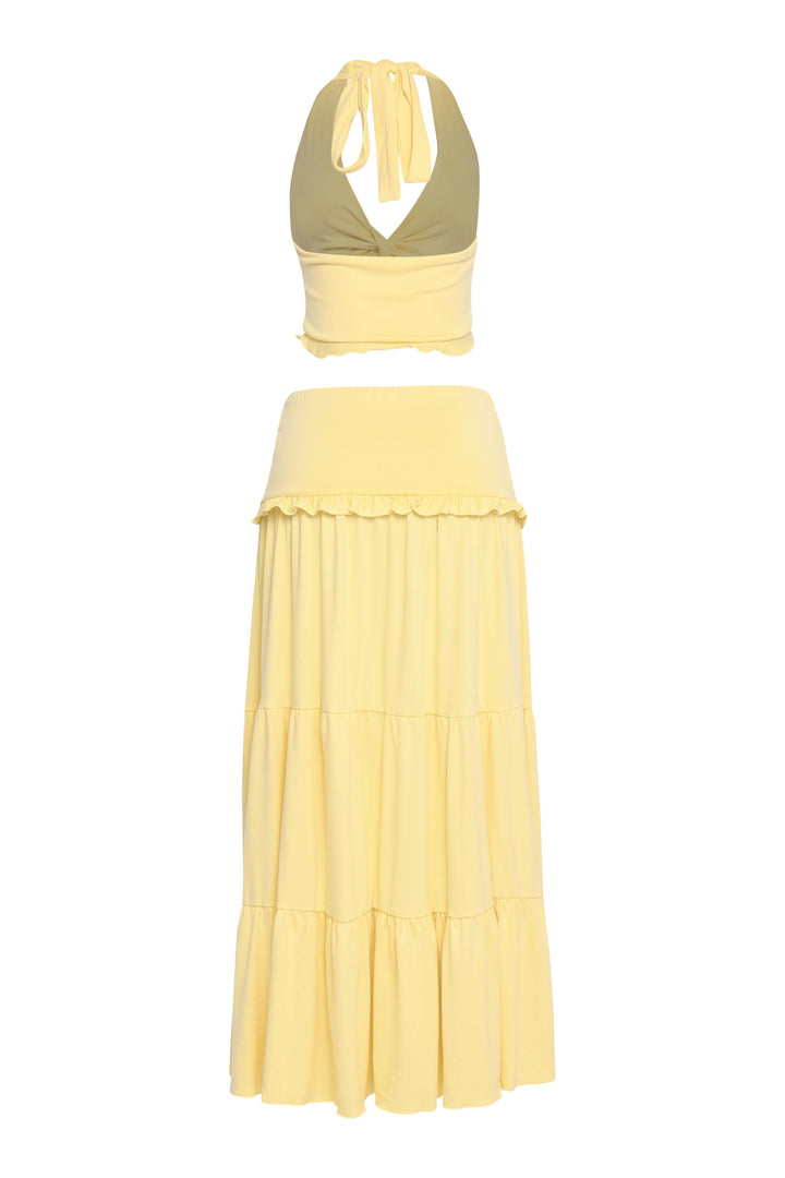 Sun-kissed yellow two-piece skirt set with merrow hem and plunging neckline


