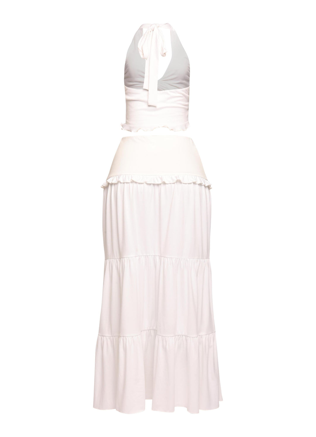 Minimalist white co-ord set with flattering V-waist skirt and soft draping

