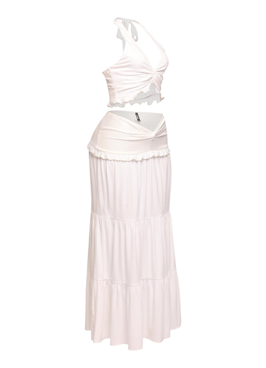 Lightweight white halter set with relaxed fit and feminine twist accents

