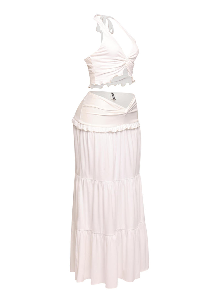 Lightweight white halter set with relaxed fit and feminine twist accents


