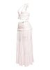 White ruffle hem maxi skirt set with open back and soft summer silhouette

