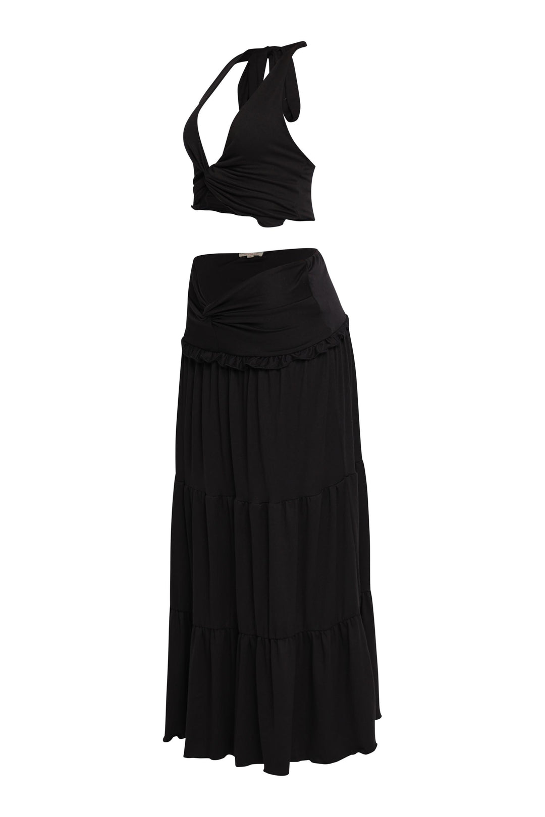 All-black summer outfit with tiered silhouette and sultry halter top

