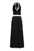 Black soft-stretch halter set with dramatic ruffled tiers and open back

