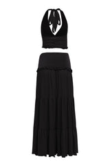 Black soft-stretch halter set with dramatic ruffled tiers and open back

