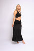 Flowy black two-piece set with plunging neckline and elastic waistband skirt


