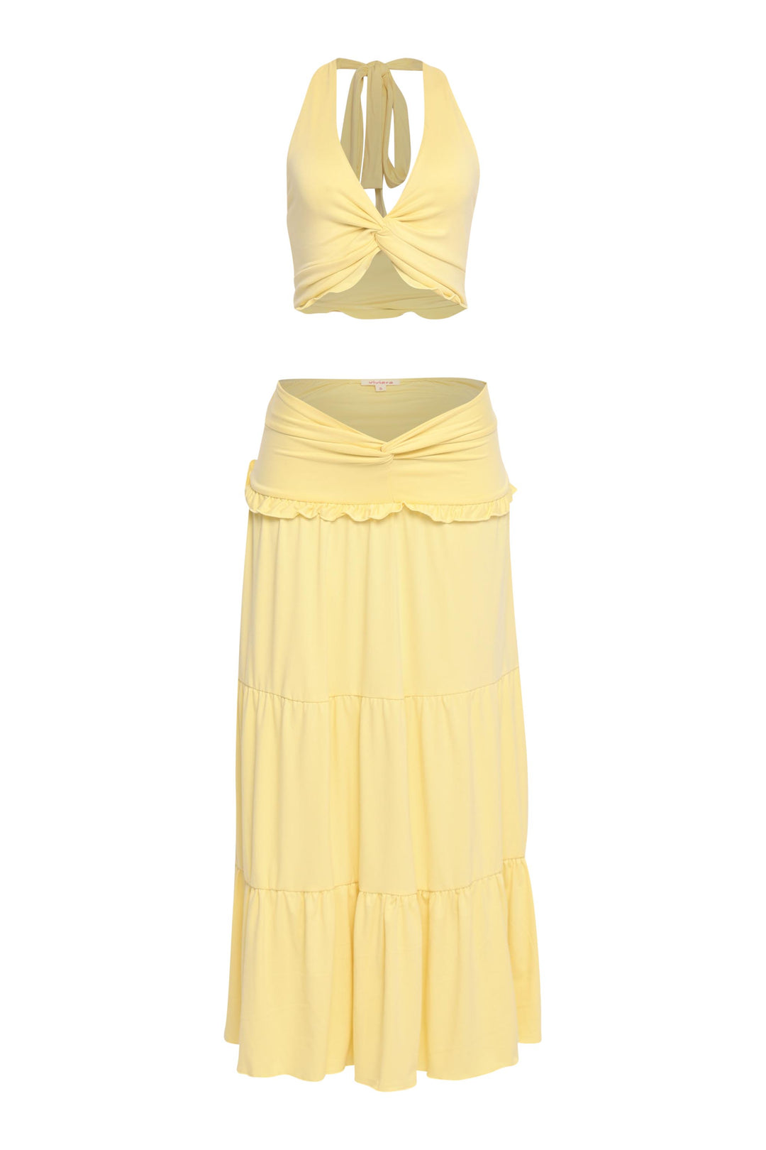 Breezy lemon yellow set with V-waist skirt and soft stretch halter top

