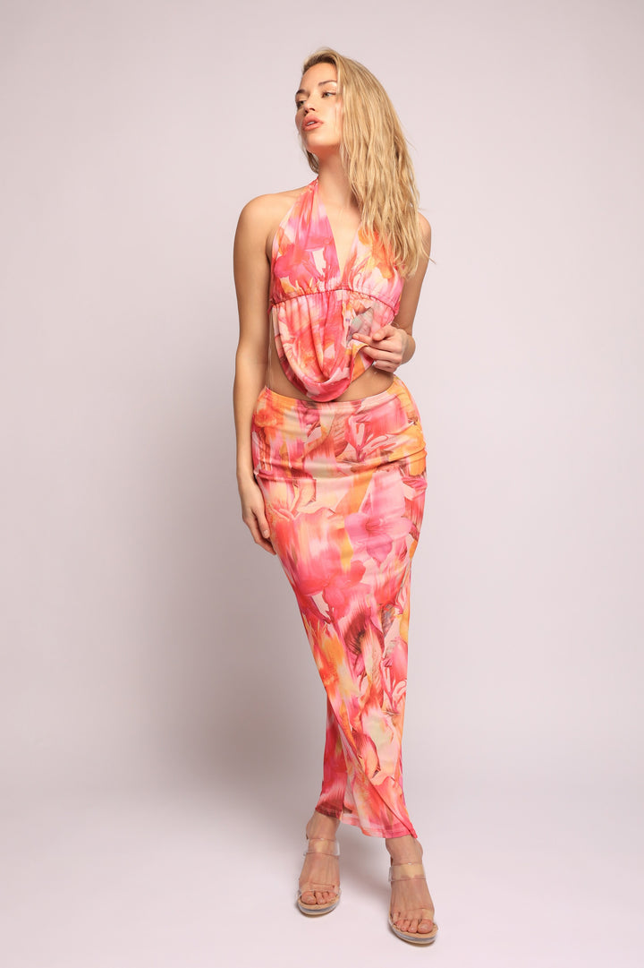 Tropical flower mesh halter top and skirt set