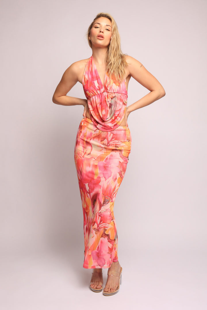 Tropical flower mesh halter top and skirt set