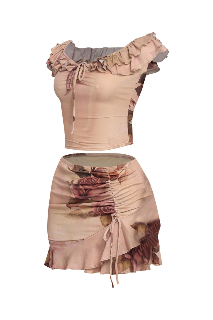 Mesh ruffled off shoulder top and mini skirt set