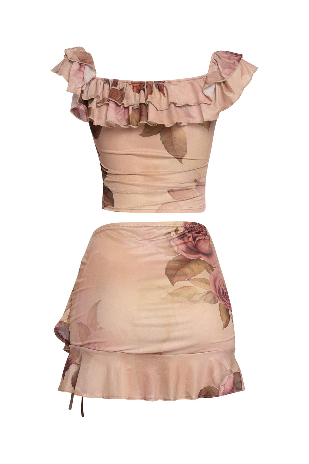 Mesh ruffled off shoulder top and mini skirt set