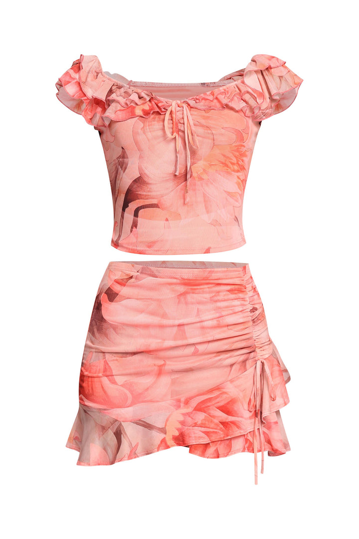 Mesh ruffled off shoulder top and mini skirt set