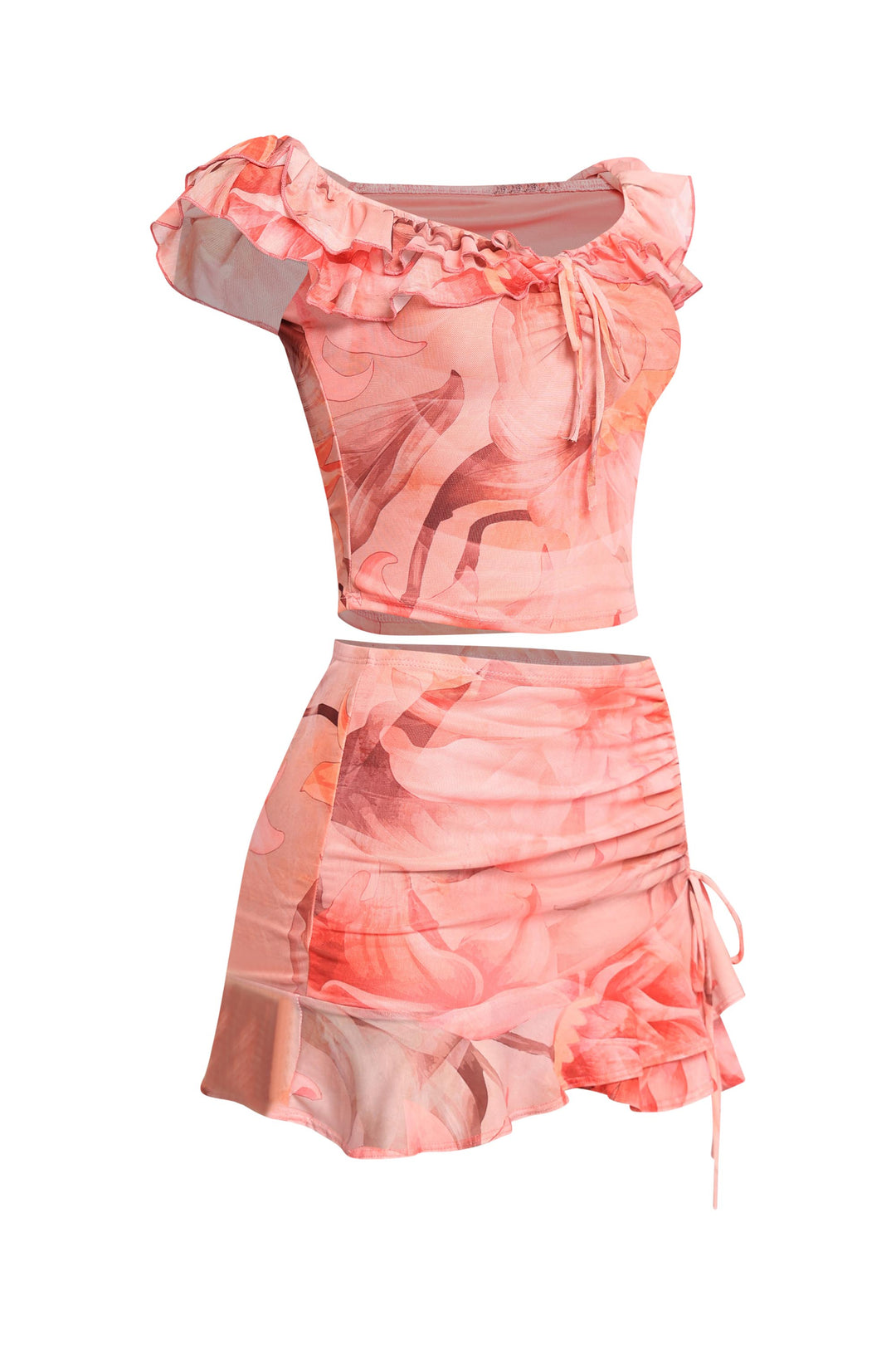 Mesh ruffled off shoulder top and mini skirt set