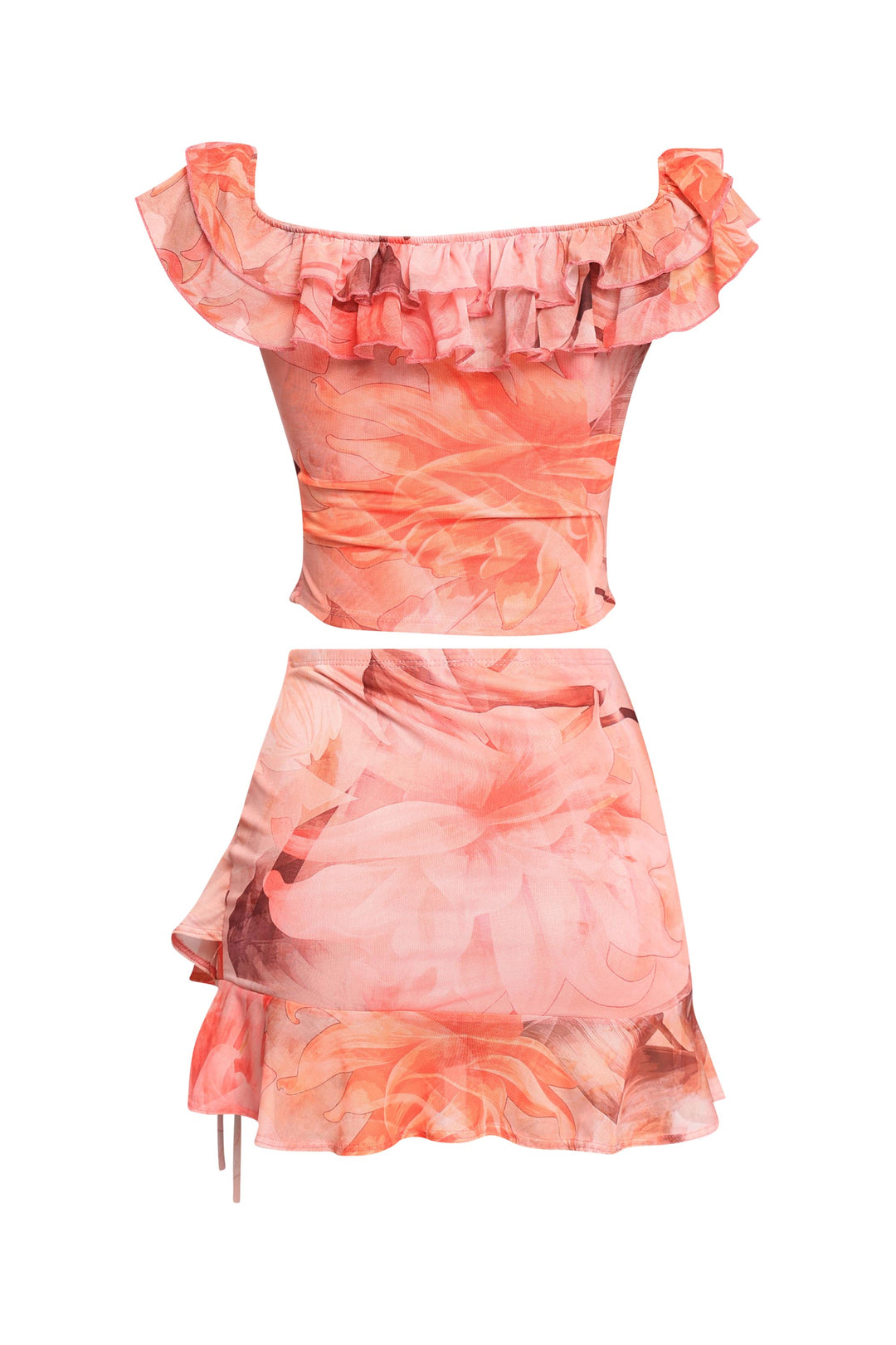 Mesh ruffled off shoulder top and mini skirt set