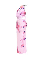 Orchid flower detailed halter top and maxi skirt set