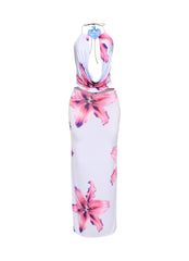 Orchid flower detailed halter top and maxi skirt set