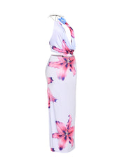 Orchid flower detailed halter top and maxi skirt set