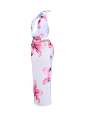 Orchid flower detailed halter top and maxi skirt set